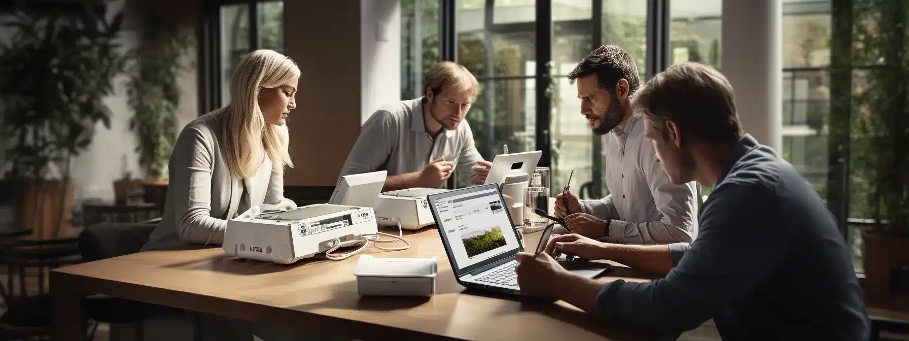 _c5db97dc-a28a-4834-8c61-48b367932cbc_0_3.webp a group of professionals examining and testing advanced occupational health monitoring devices.