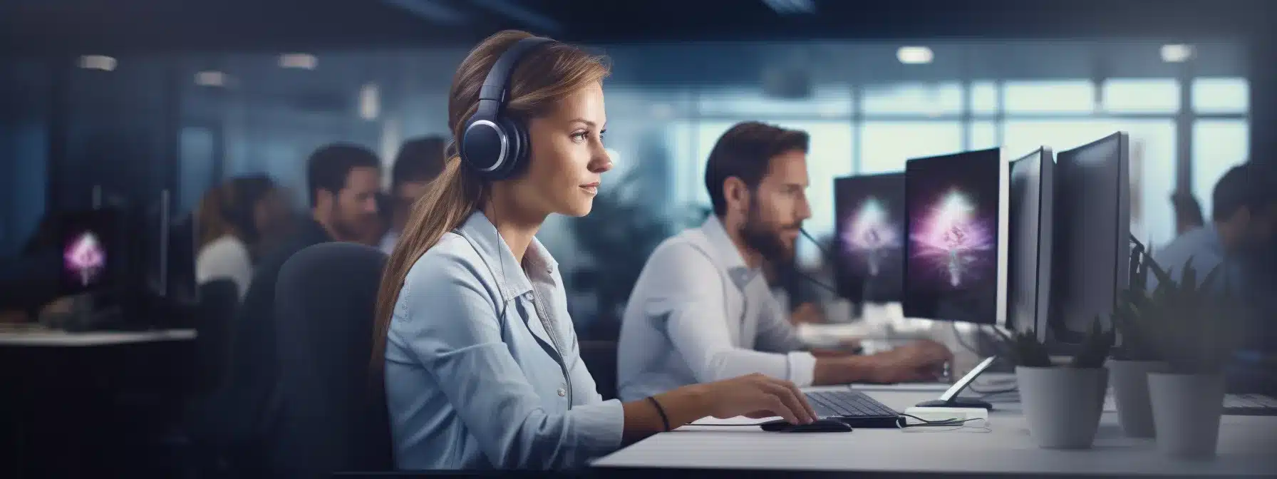 employees wearing smart health monitors at their workstations, promoting workplace wellness.