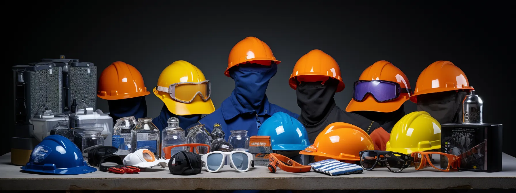 a collection of personal protective equipment (ppe) including helmets, safety glasses, masks, gloves, and protective suits displayed on a table.