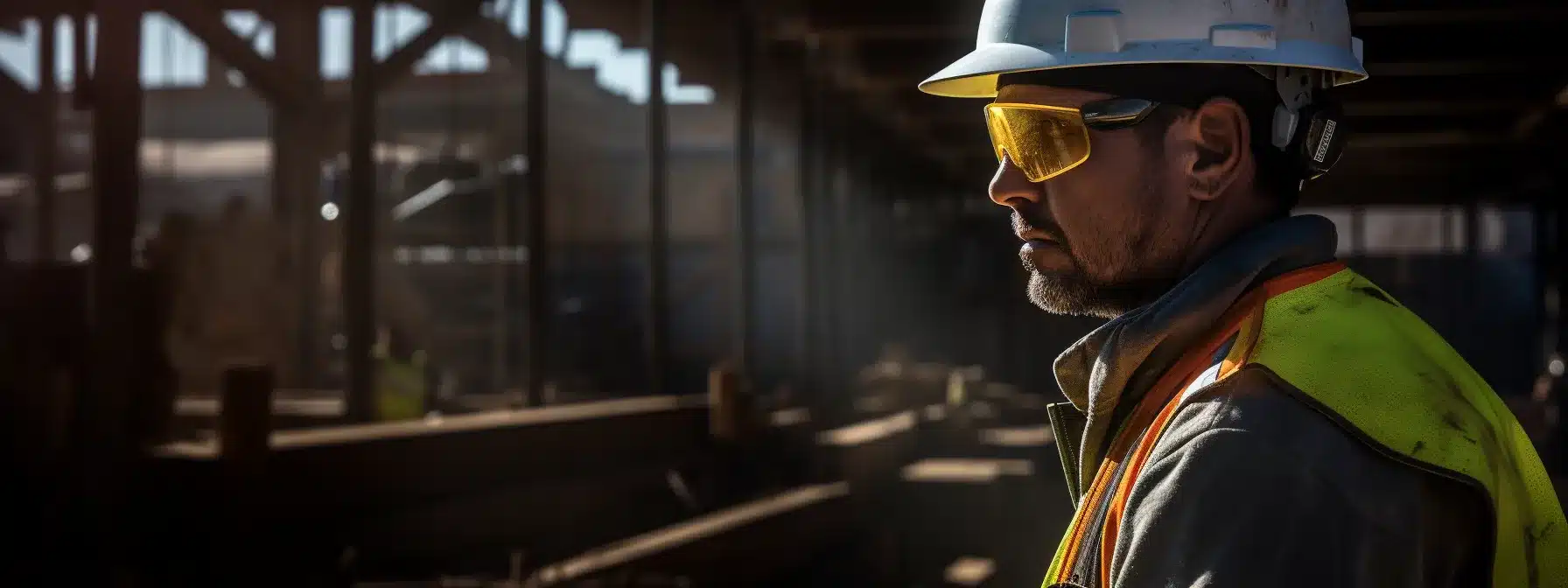 a worker wearing necessary ppe, including safety glasses and a hard hat, while operating machinery in a construction site.