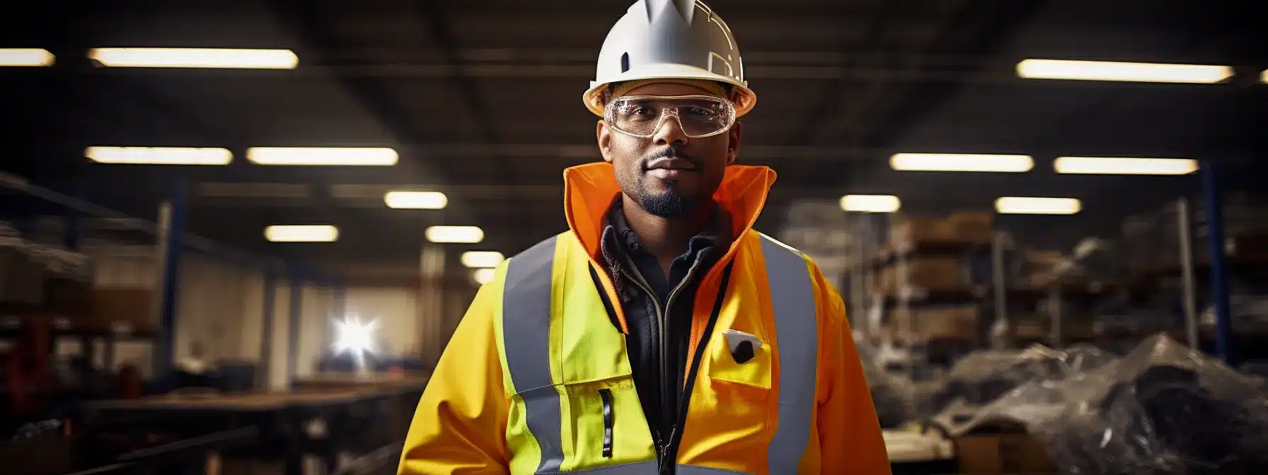 a person wearing various ppe items, such as a hard hat, safety goggles, and a high visibility vest, standing in a workplace setting.
