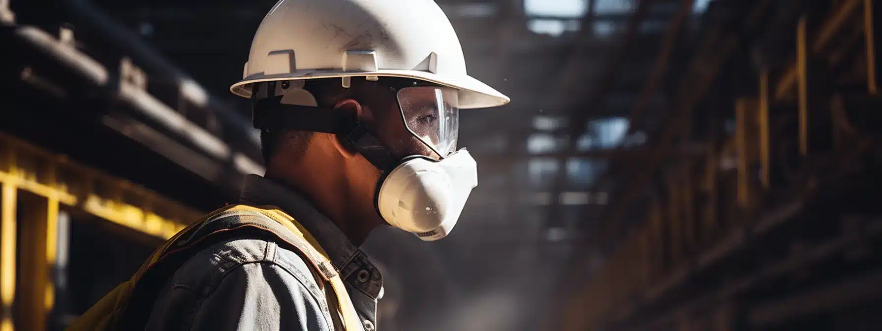 a worker wearing a respirator and eye protection while operating heavy machinery and conducting a safety evaluation.