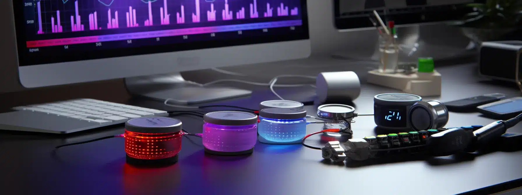 a colorful display of various health tracking gadgets lined up on a table.