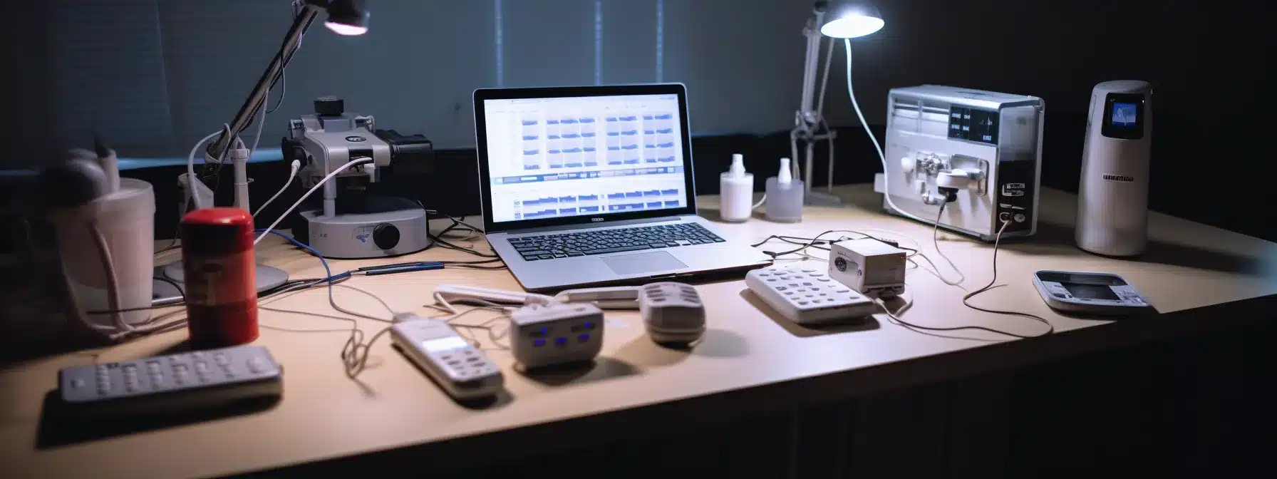 a table with multiple monitoring devices, such as heart rate monitors and blood pressure cuffs, neatly arranged and ready for use.