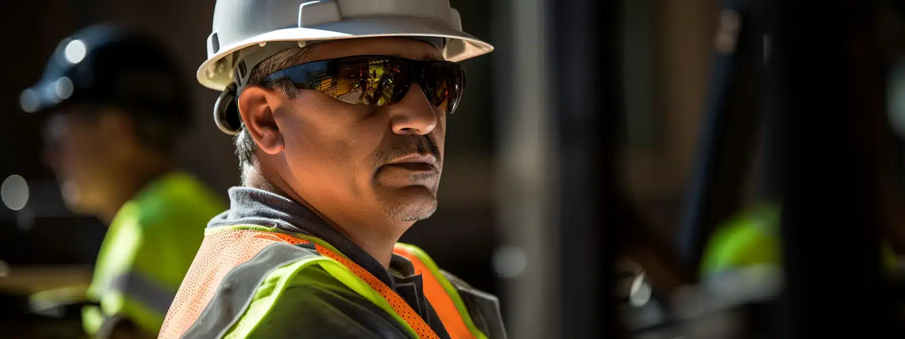 a construction worker wearing a hard hat, safety goggles, and a high-visibility vest while operating heavy machinery.
