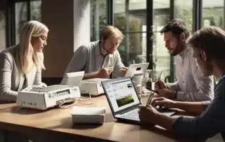 a group of professionals examining and testing advanced occupational health monitoring devices.