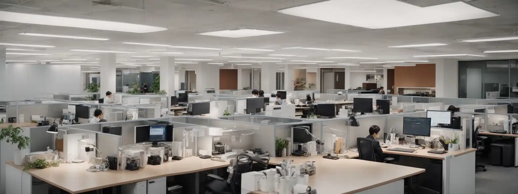 a modern, well-lit office space with employees comfortably working at ergonomically designed workstations.