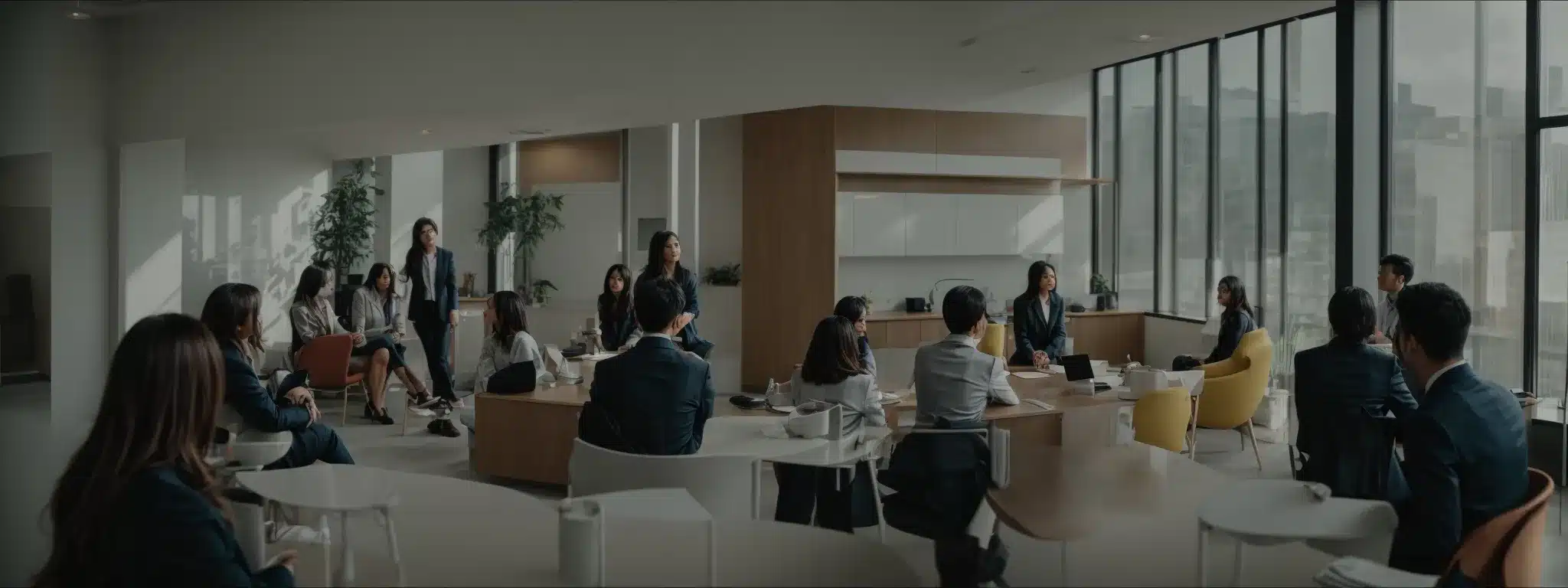 employees gather in a bright office for a collaborative discussion on health and well-being initiatives.