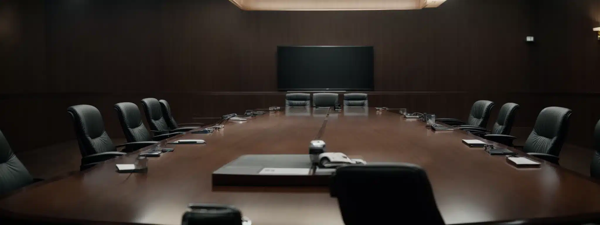 a boardroom with an empty chair at the head of the table signifies the role of leadership in mental health initiatives.