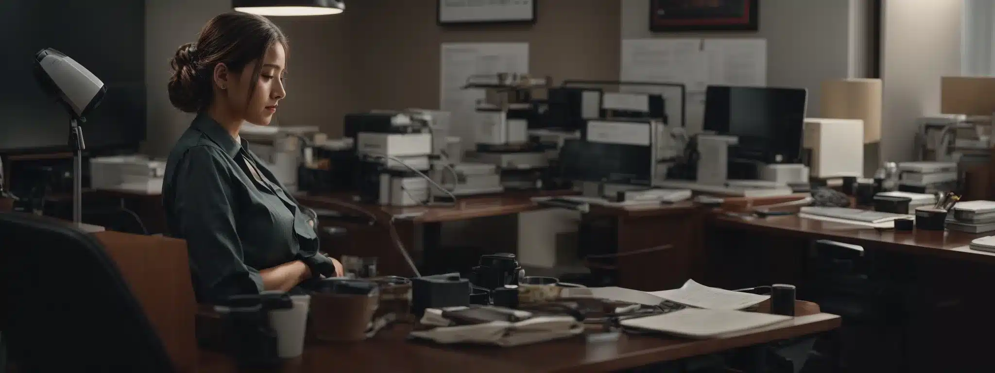 an office worker sits at an adjustable desk in a supportive chair, surrounded by ergonomic accessories within a thoughtfully arranged workspace.