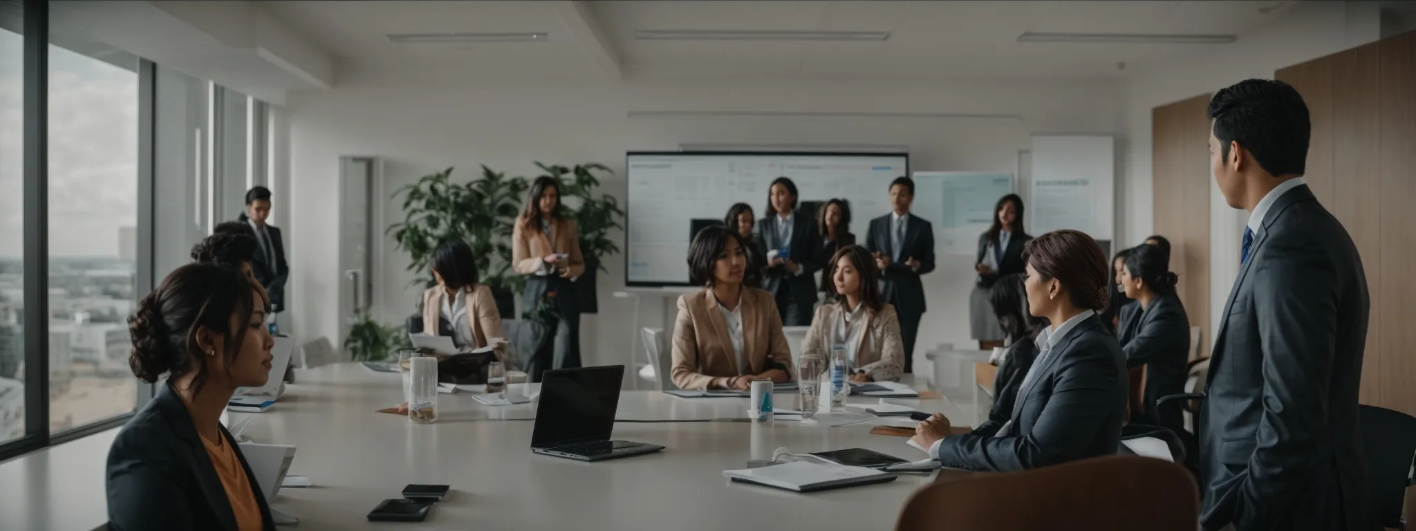 a group of employees gathers in a bright, modern conference room for a workshop on well-being.