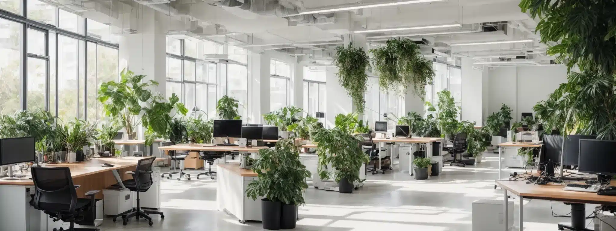 a broad shot of a bright, spacious, modern office with ergonomic furniture and lush green plants promoting a healthy working environment.