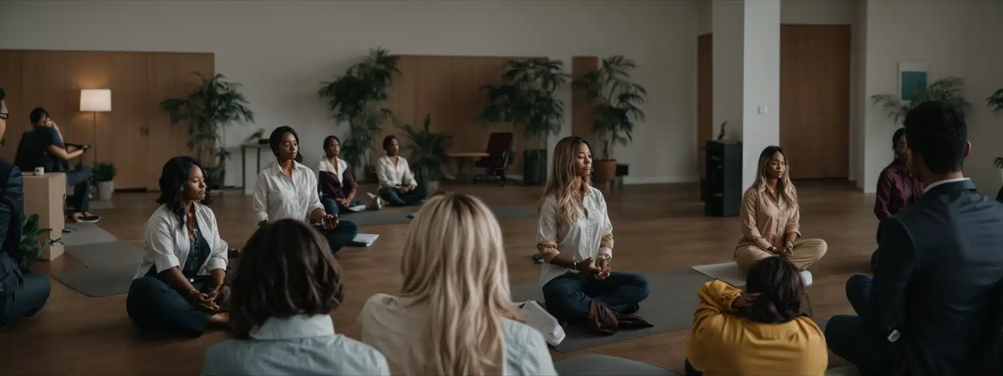 a group of diverse employees is engaging in a guided meditation session in a spacious, tranquil office common area.
