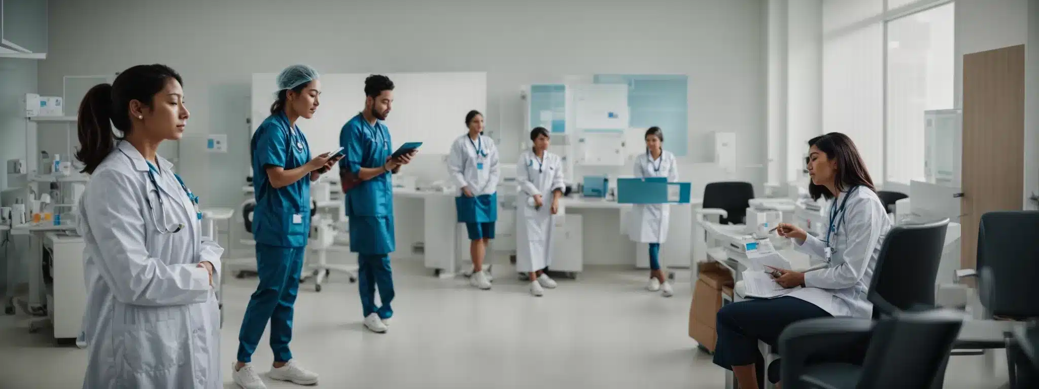 a team of healthcare professionals consults in a modern clinic designed for proactive worker care and injury management.