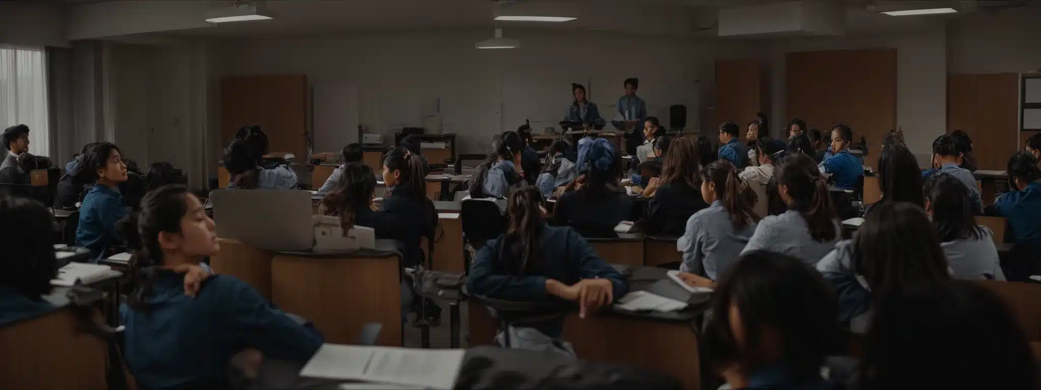 a classroom with employees attentively participating in a workplace safety training seminar.