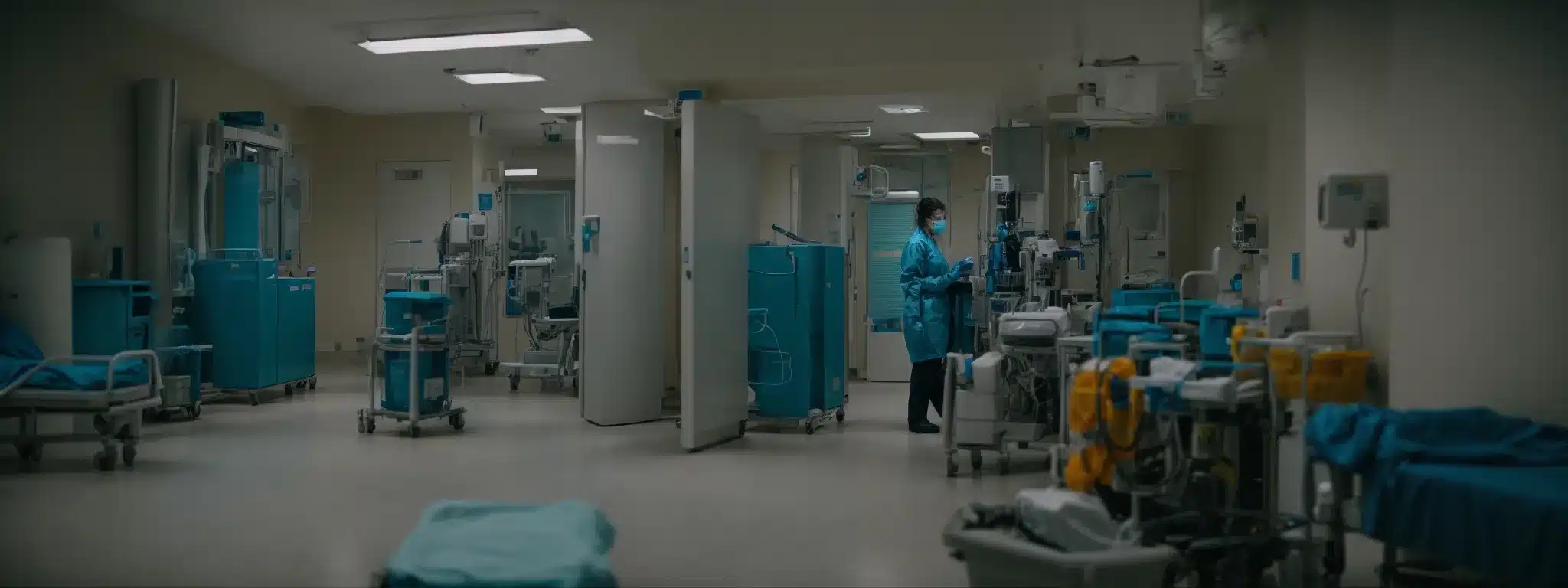 a healthcare worker disinfecting medical equipment in a hospital room.