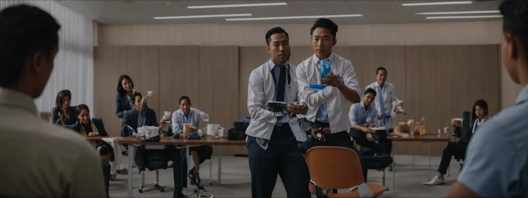 a group of employees gather around a trainer demonstrating proper hygiene techniques in a clean, well-lit conference room.