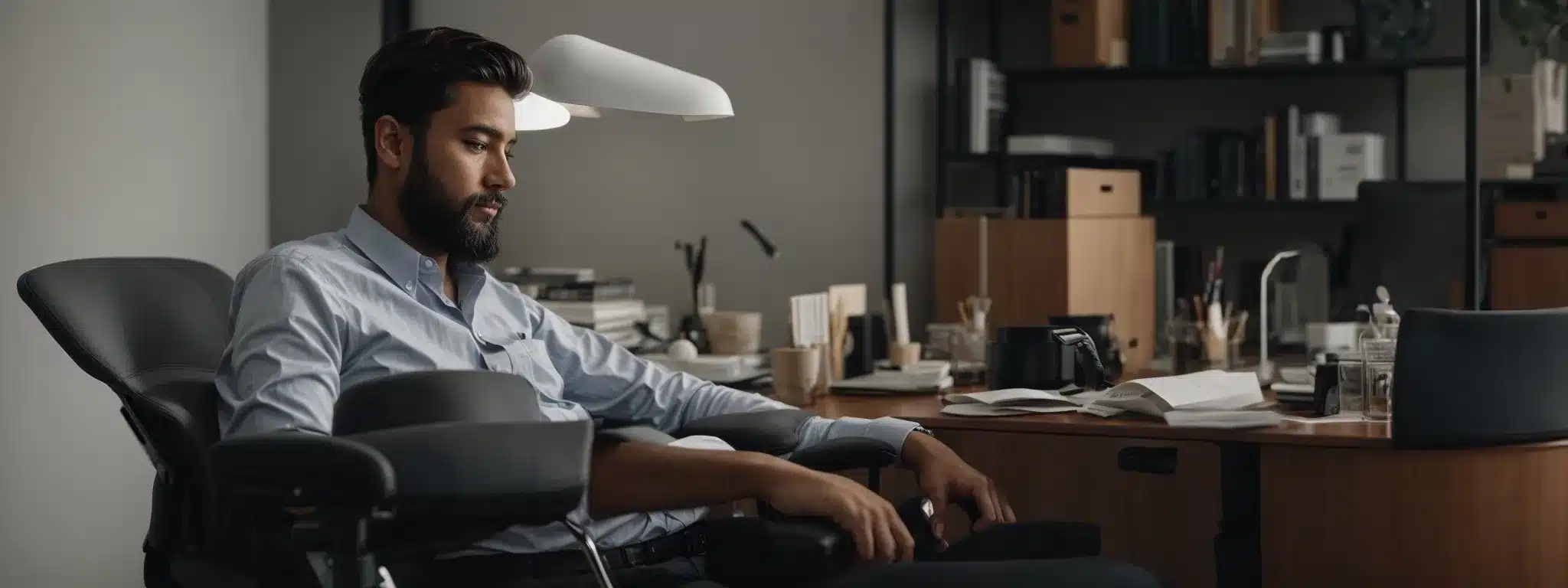 an office worker comfortably sits in an adjustable ergonomic chair at a spacious desk equipped with supportive accessories.