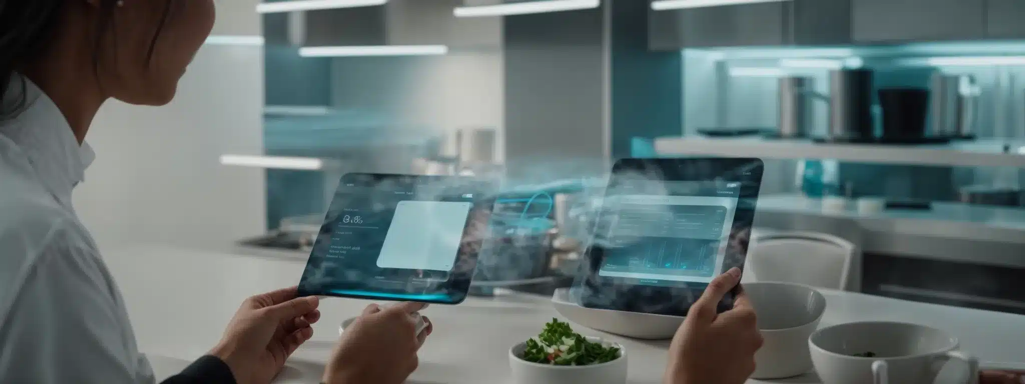a person interacts with a futuristic dietary tracking application on a sleek, modern tablet in a bright office kitchen.