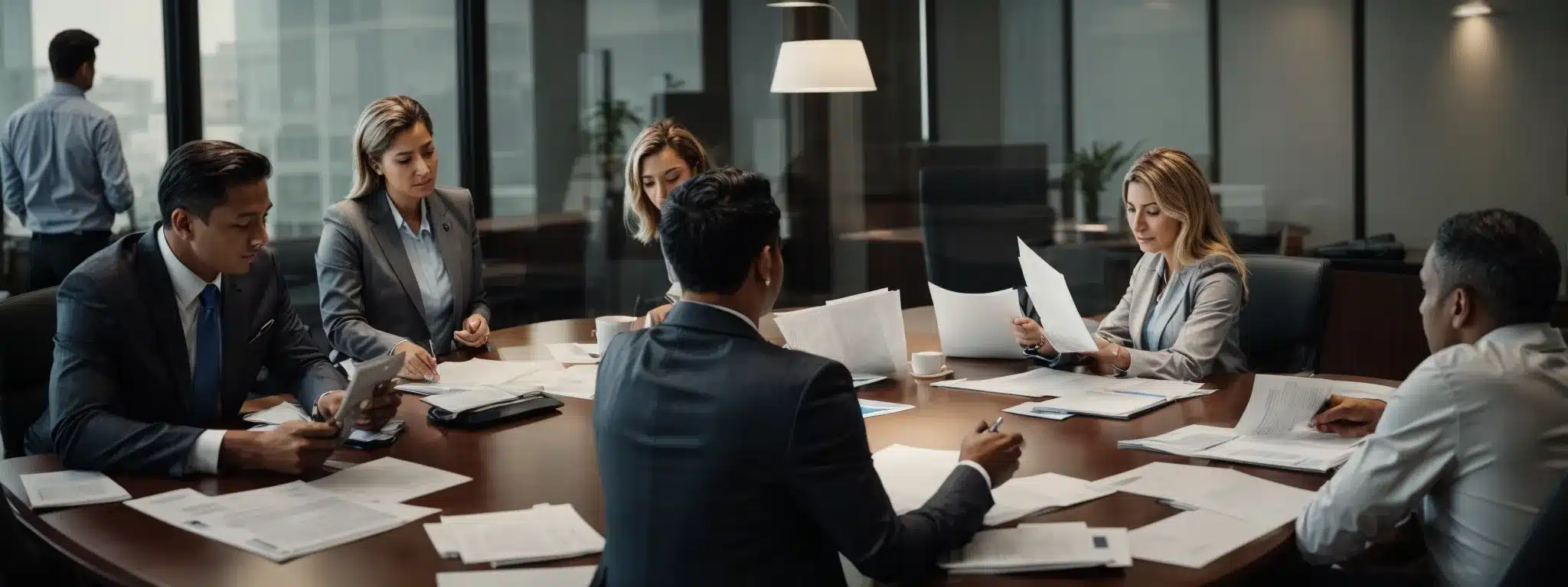 an executive team deliberates around a conference table filled with brochures and documents about different healthcare services.