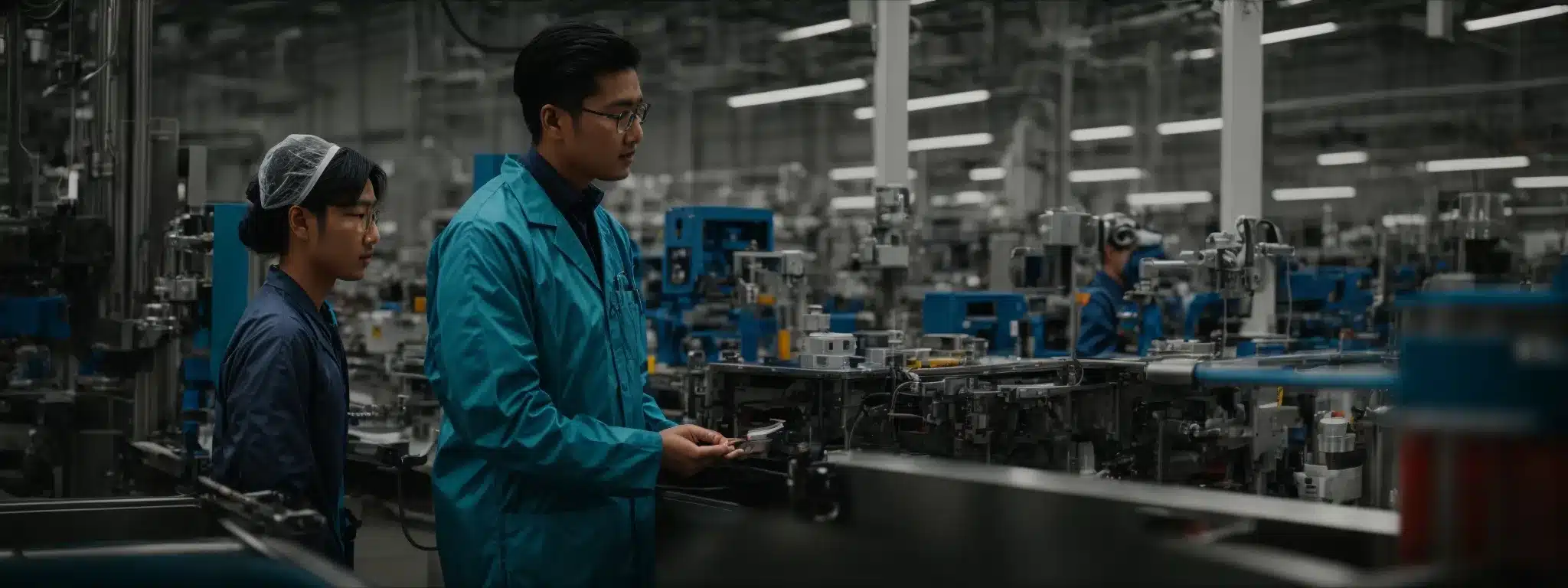 a medical professional discussing with a factory worker on the production line.