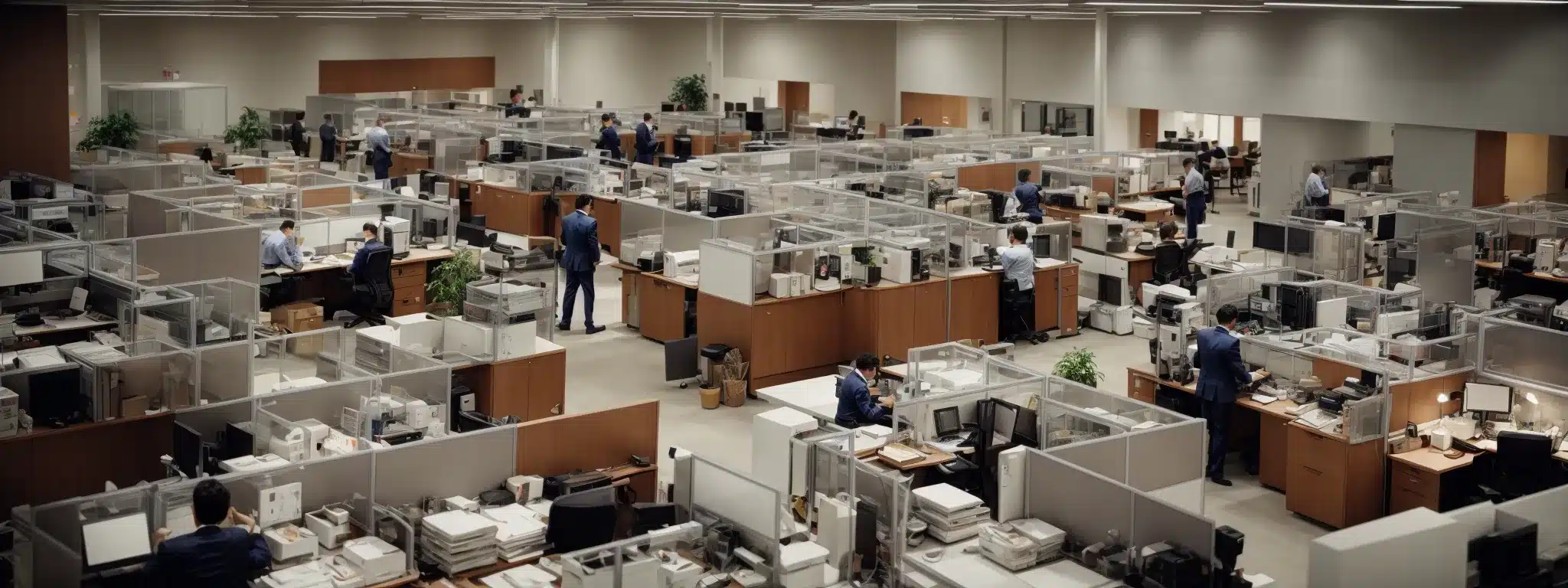 a bustling open-plan office filled with busy workers and a visibly stressed supervisor.