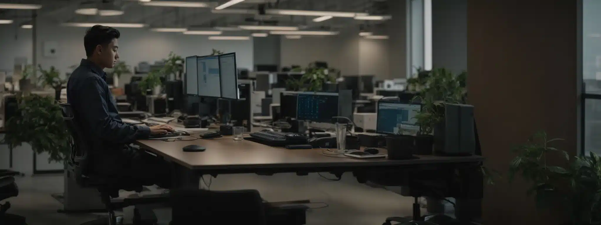 an employee is sitting at an adjustable desk with a supportive chair, using a computer with an ergonomic keyboard and mouse, in a well-lit office space.