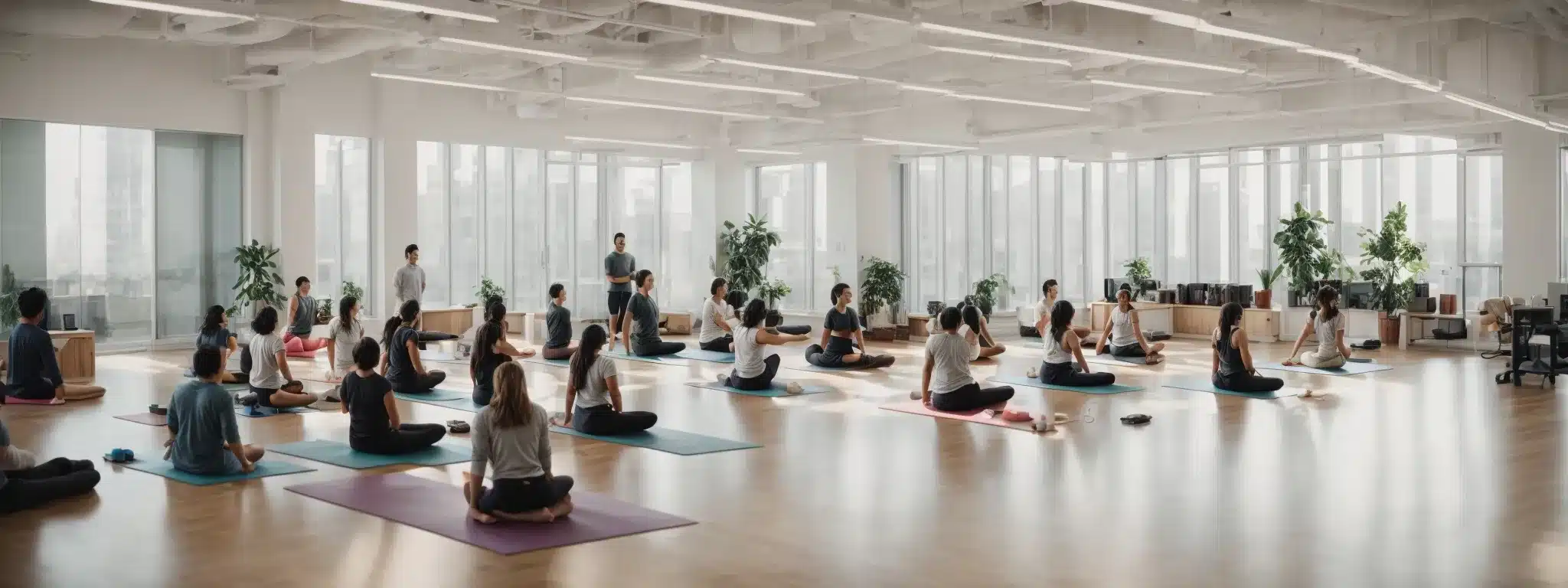 employees engage in a communal yoga session amid a spacious, well-lit office area, with minimalistic active workstations in the background.