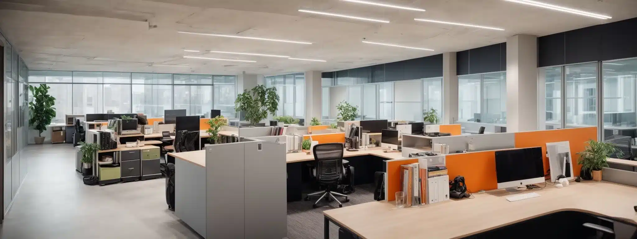 a spacious, well-lit office with colorful accents and individual workstations offering both collaboration areas and private nooks.
