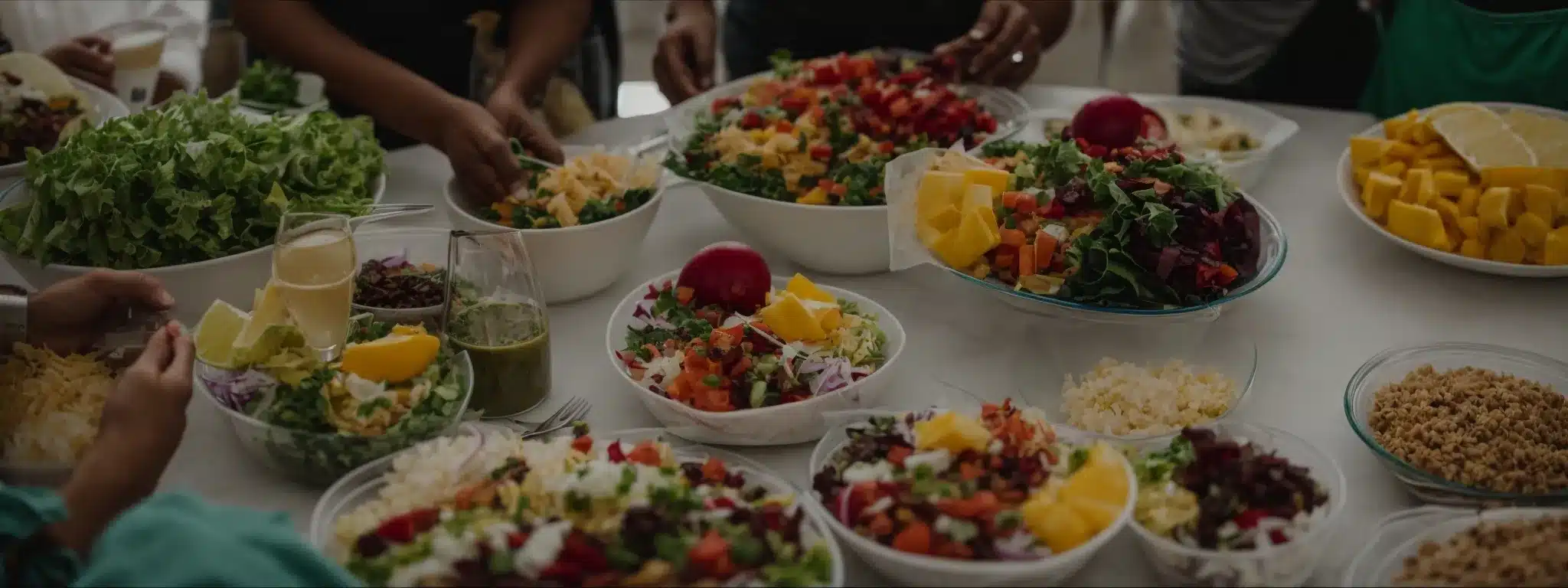 a group of employees gather around a table filled with colorful, healthy food options during a work lunch break.