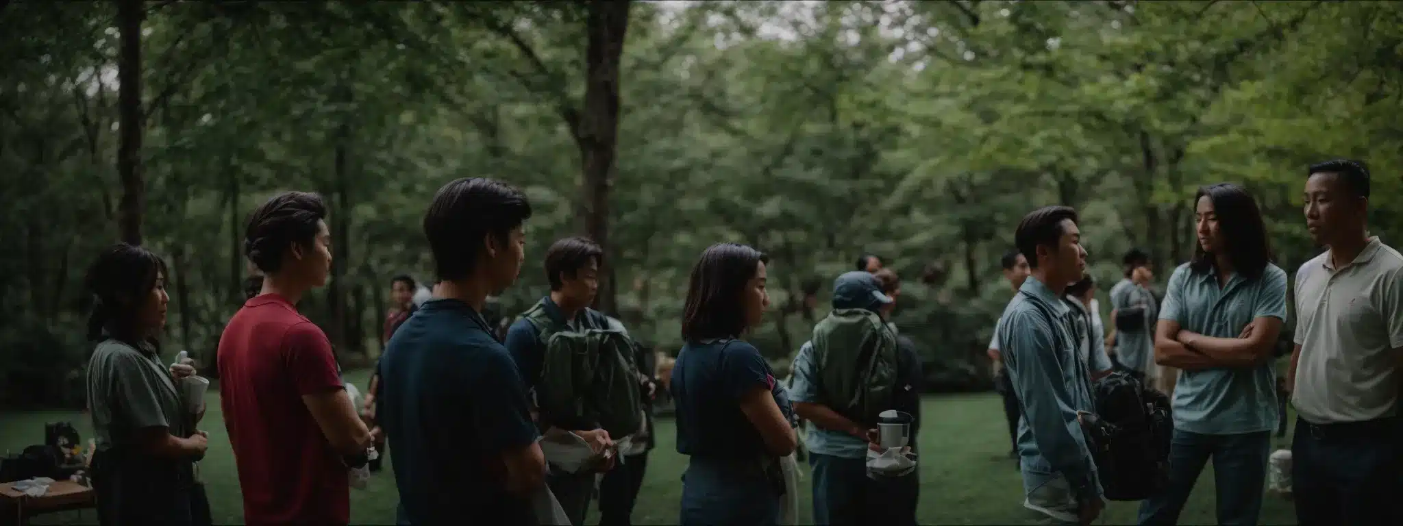 employees gather in a tranquil park for an outdoor team-building retreat.
