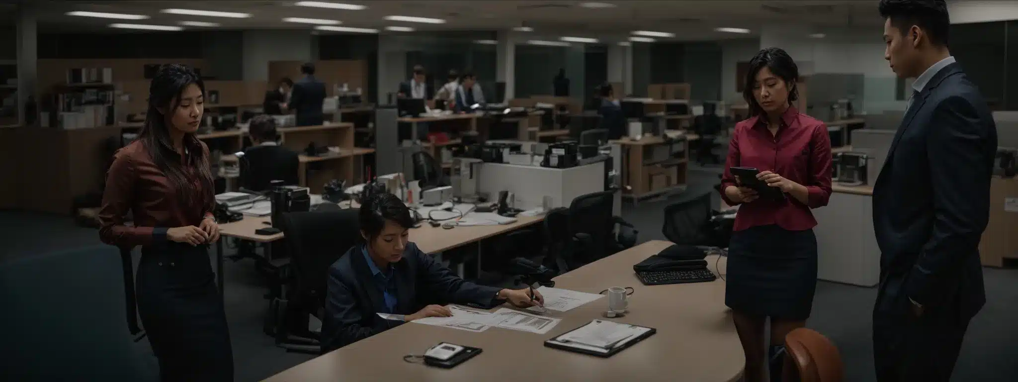 a group of office employees attentively watches an expert demonstrating proper desk and chair adjustments for optimal posture.