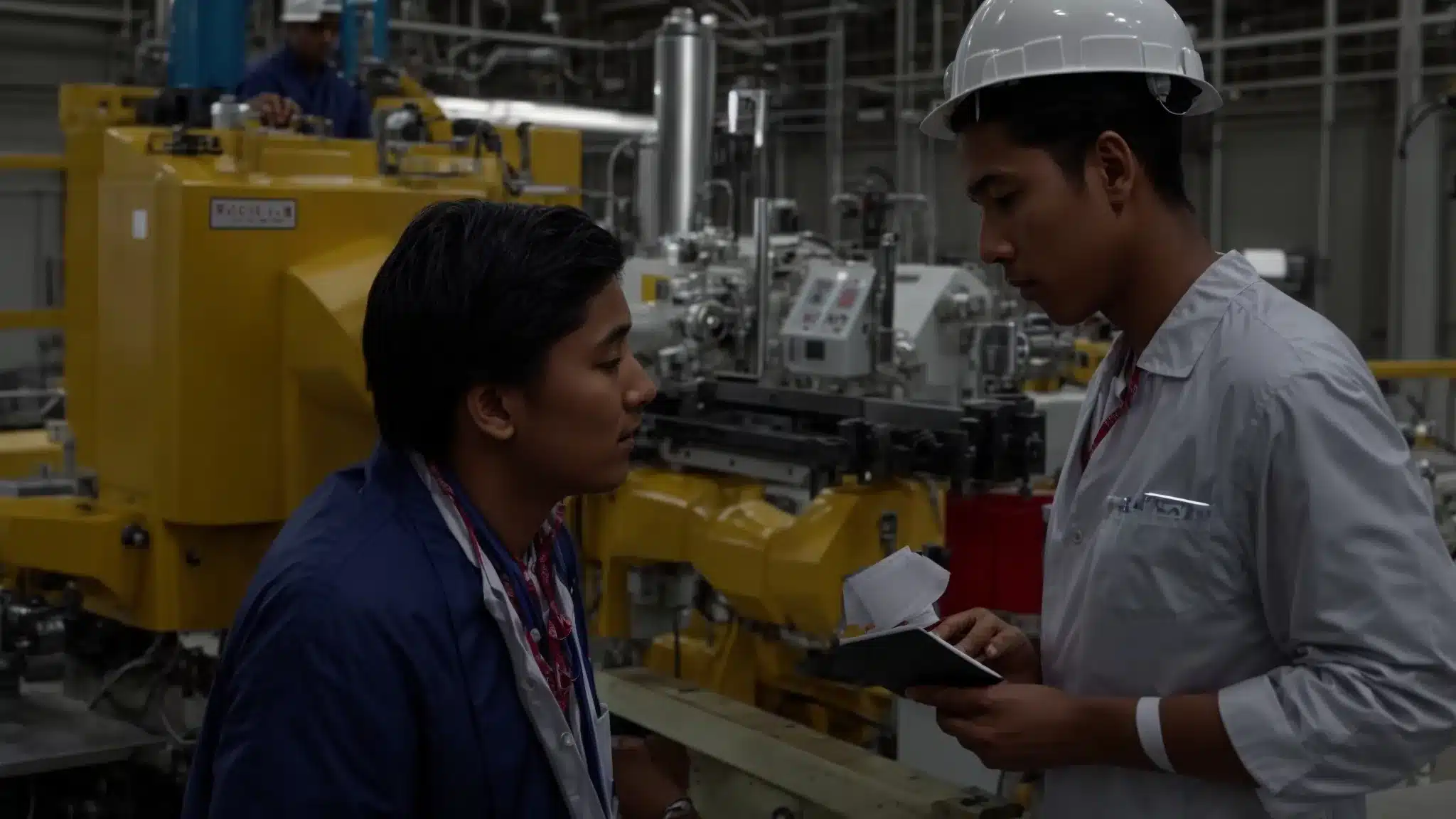a healthcare professional consults with a factory worker next to industrial machinery.