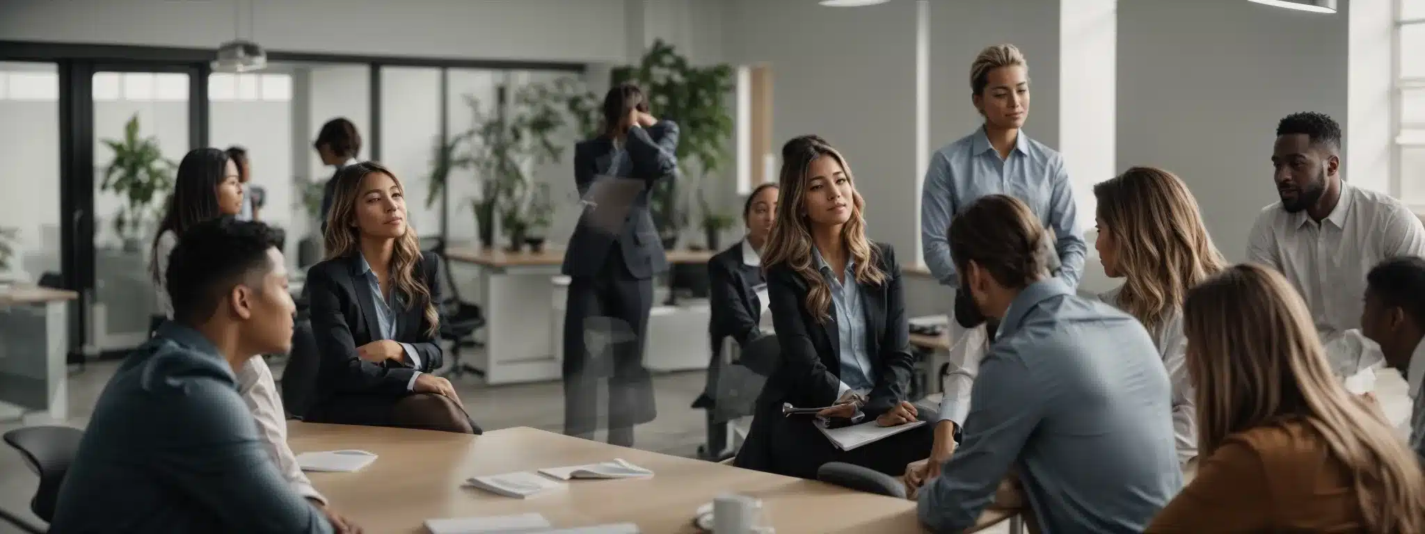 a leader conducts a relaxed team meeting in a bright, airy office, with visible signs of a wellness-oriented workspace.