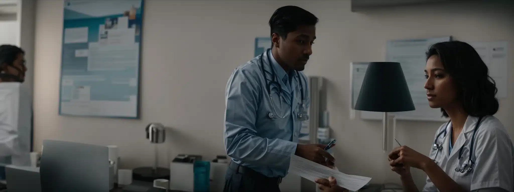 a doctor discussing a report with an employee in a simple office setting, with a poster promoting wellness in the background.