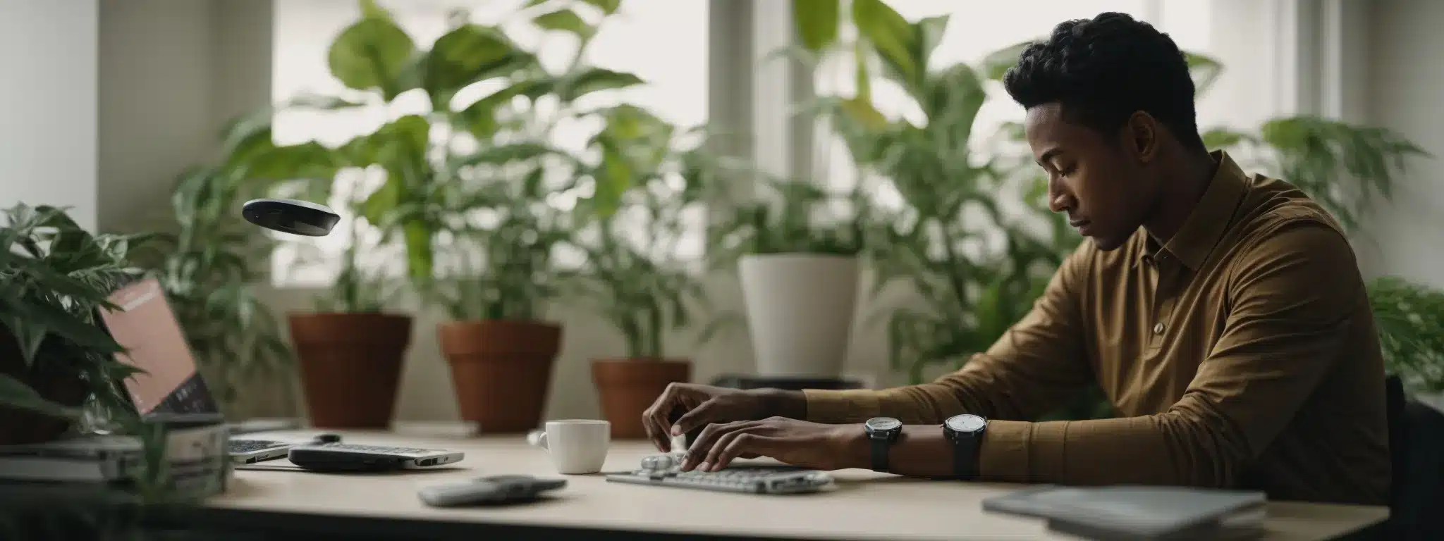 a person wearing a smartwatch while sitting calmly at a minimalist desk with a computer surrounded by indoor plants.