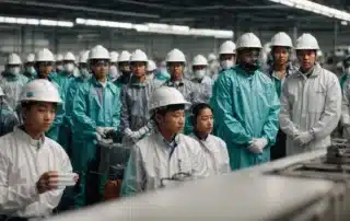 a group of factory workers wearing protective gear while attending a safety training seminar.