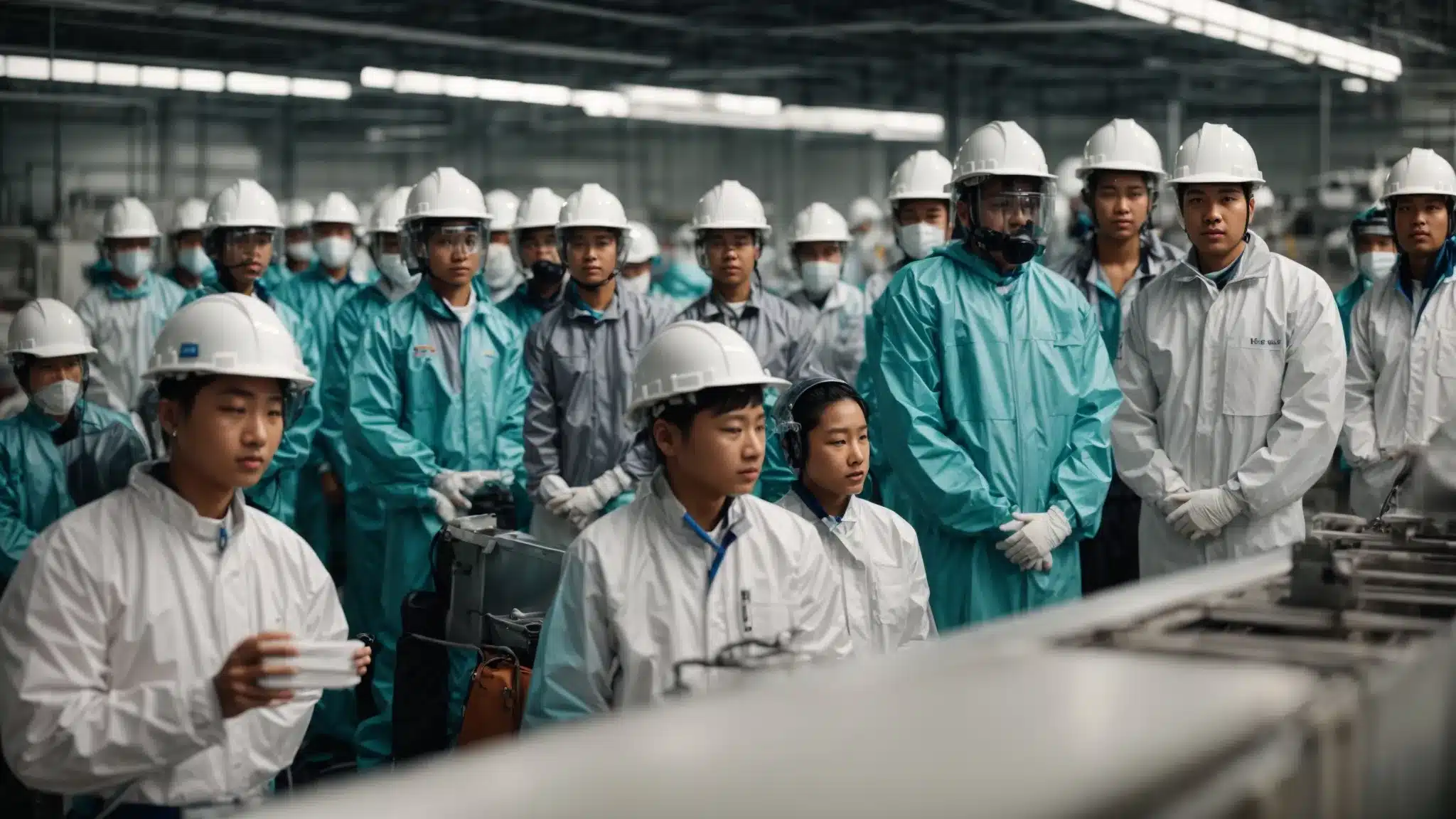a group of factory workers wearing protective gear while attending a safety training seminar.