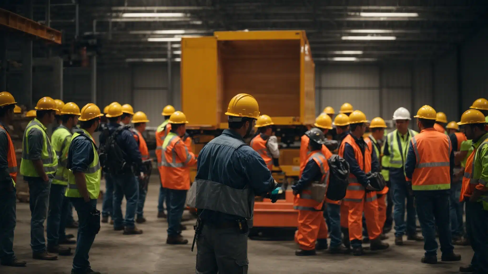 workers wearing hard hats and safety vests are attending a demonstration on the correct way to lift heavy objects in a warehouse.
