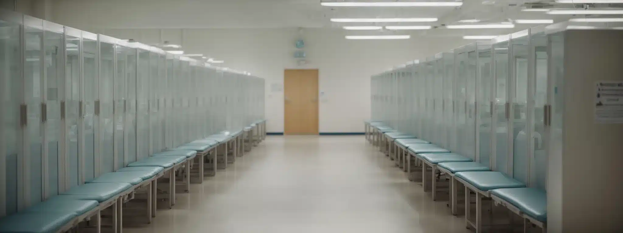 a row of empty hospital vaccination cubicles with informational posters on health and immunization.