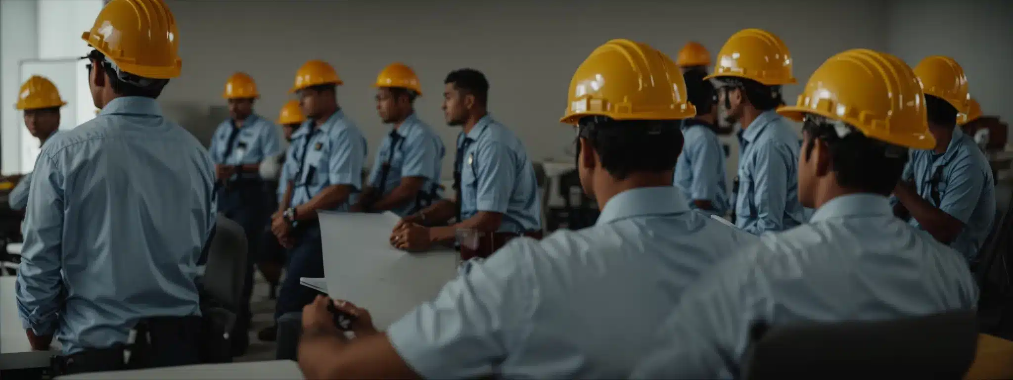 a group of workers wearing hard hats is attending a safety training seminar led by a professional in a well-lit conference room.