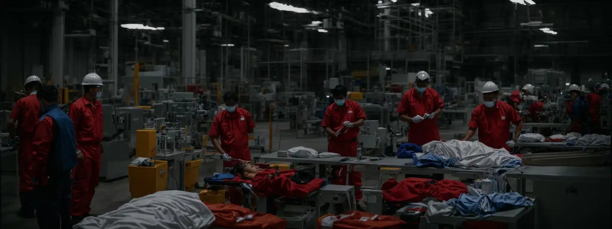 a first aid team attentively tends to an injured worker on a factory floor while a supervisor observes and takes notes.