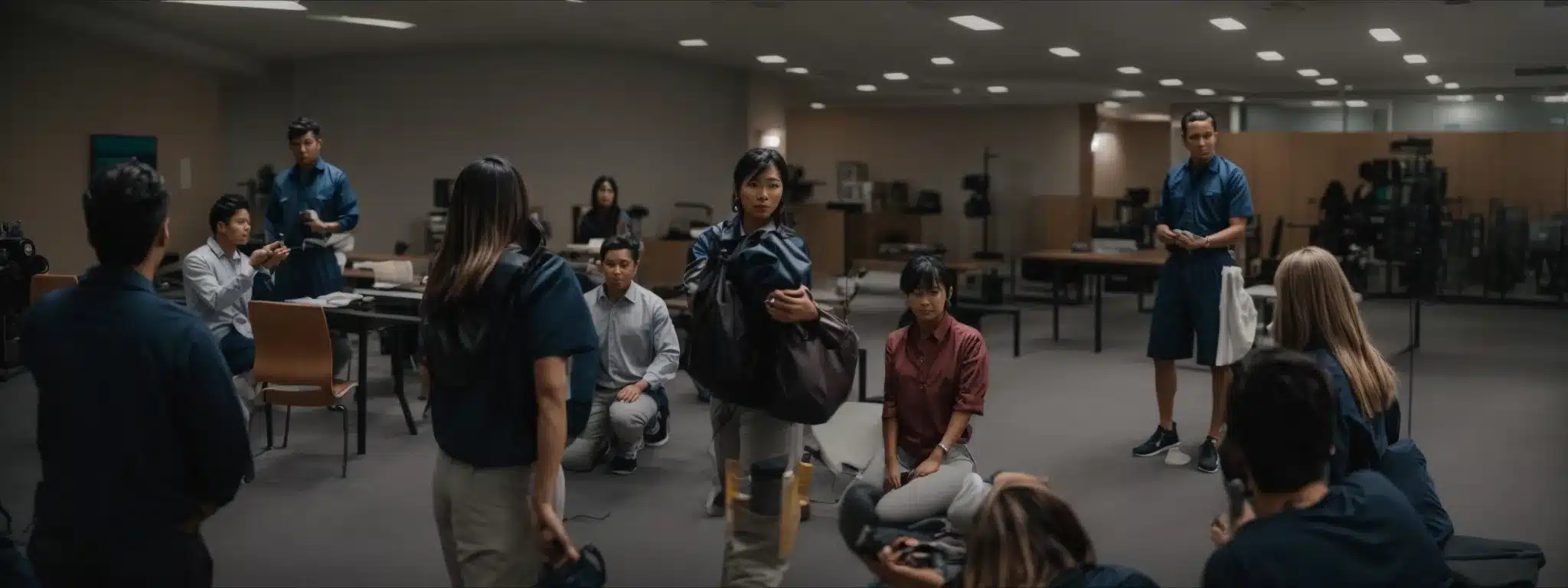 employees engage in a standing group meeting with active stretching.