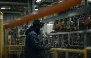 a worker in protective gear inspects machinery in an industrial plant.