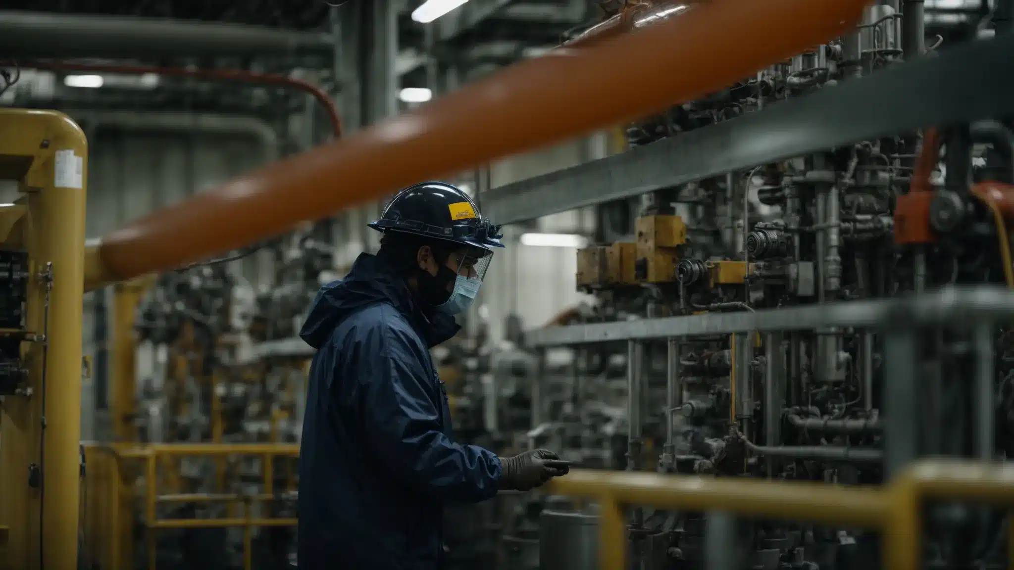 a worker in protective gear inspects machinery in an industrial plant.
