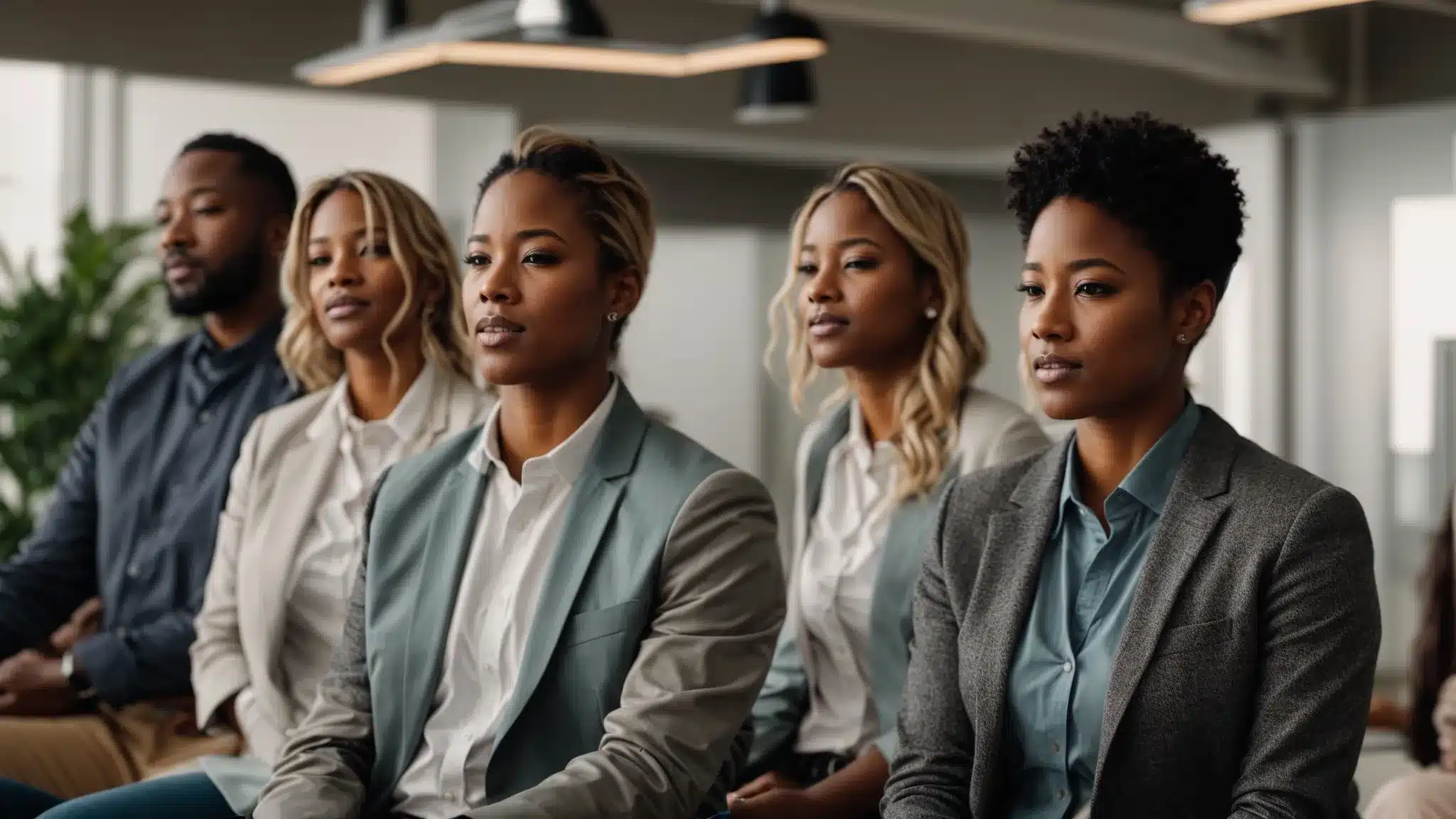 a group of diverse employees engaging in a calming group mindfulness session led by a professional in a bright, open office space.