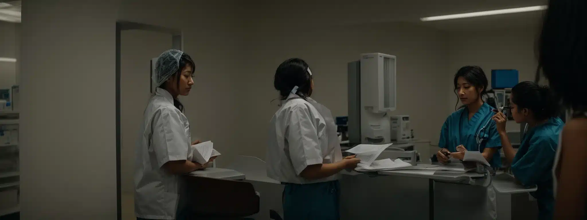 a medical professional in a clinic discussing a document with a worker as part of an occupational health evaluation.