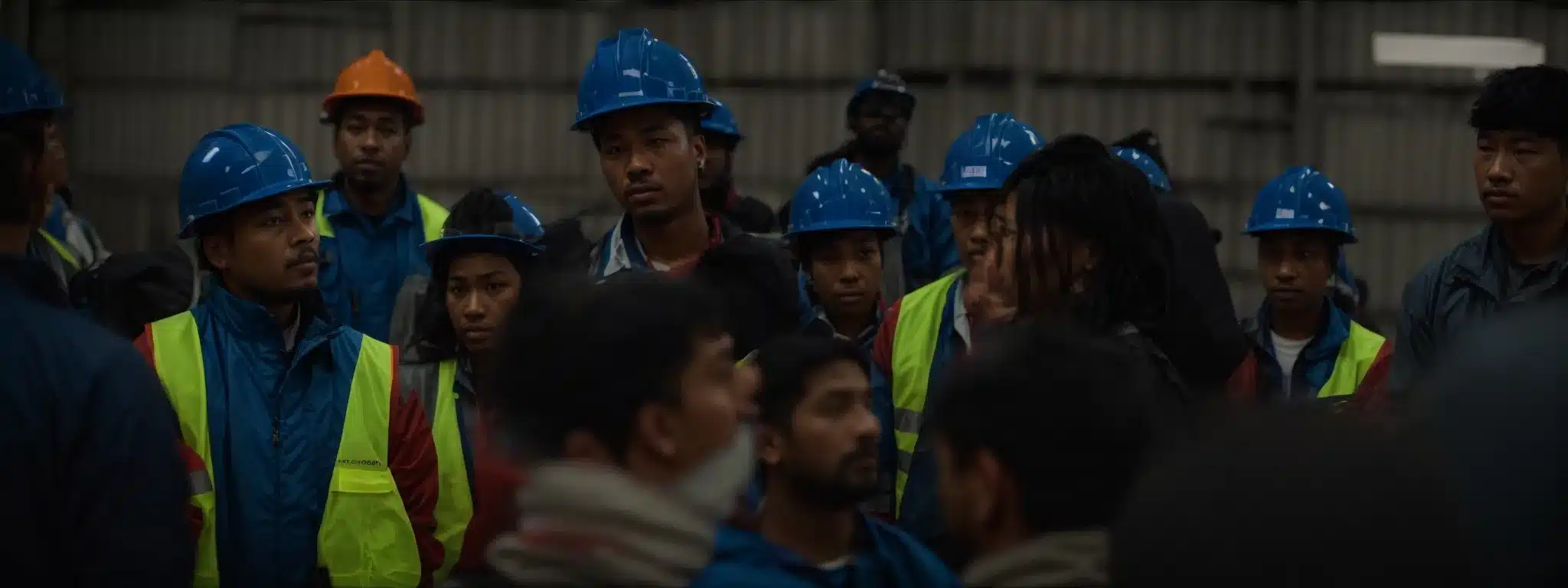 a group of workers attentively listen to a safety instructor in a warehouse.