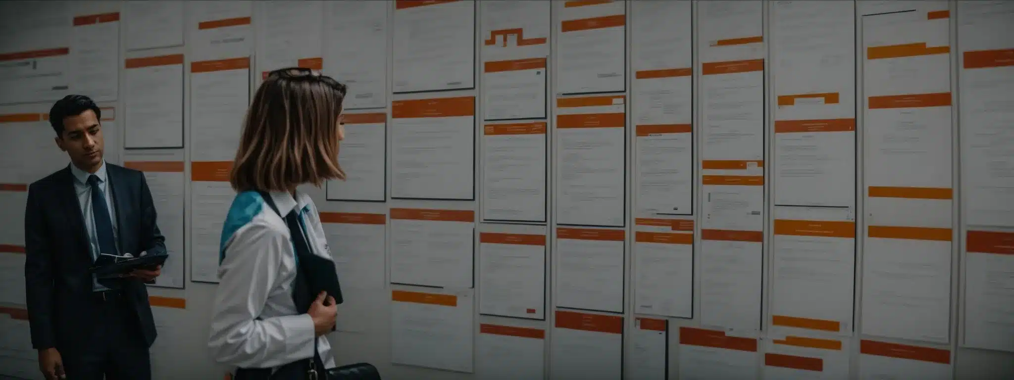 a healthcare professional displaying a wall of certifications to an attentive business executive.