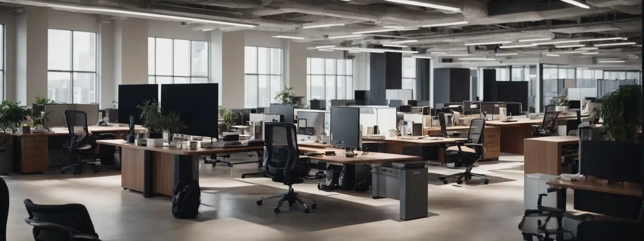 a modern office space equipped with adjustable desks, ergonomic chairs, and sophisticated computer setups, each designed to support the well-being of its users.